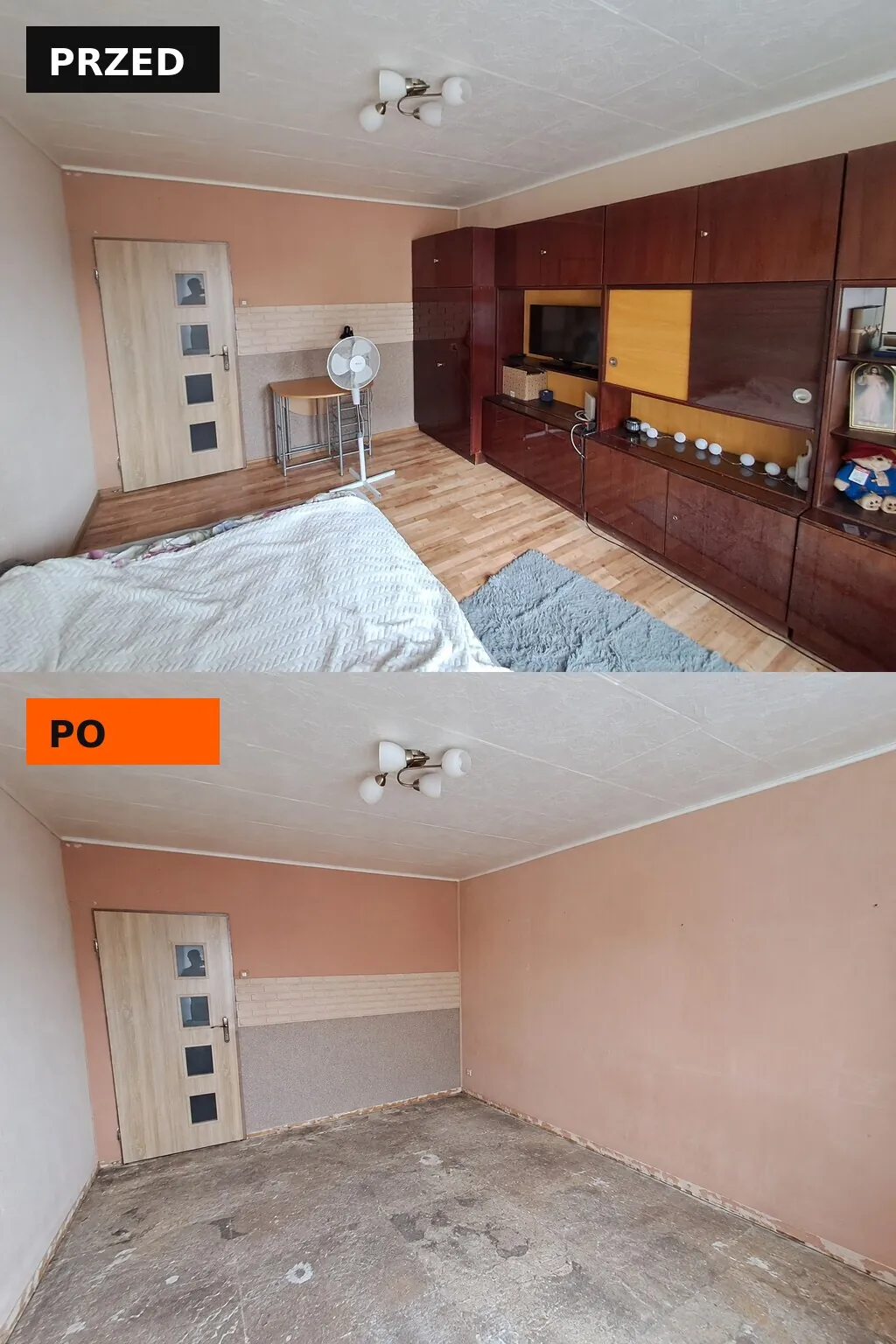 Sypialnia przed opróżnieniem i po zerwaniu podłogi