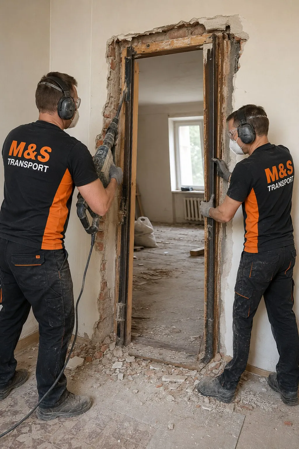 Ekipa M&S Transport wykuwa ościeżnicę młotem SDS-Max
